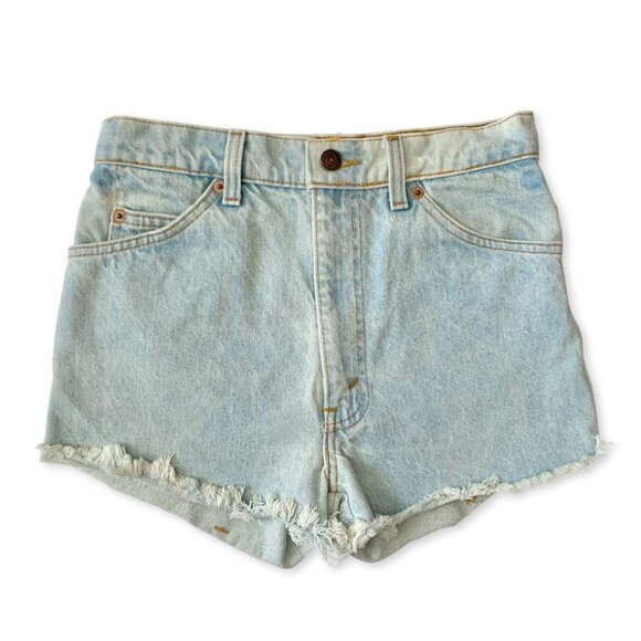 Levis Orange Tab Light Blue High Waisted Jean Shorts Fringe Distressed Boho - Picture 2 of 15